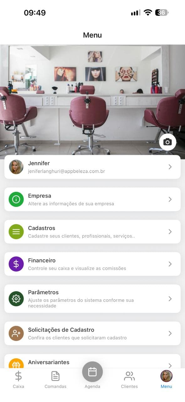 Menu do app AppBeleza PRO com empresa, cadastros, financeiro, parâmetros e aniversariantes